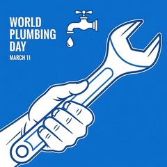 Fototapeta premium World plumbing day illustration with hand holding adjustable wrench