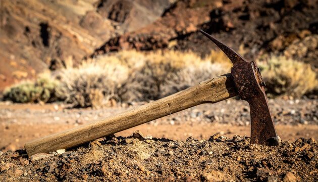 Pico de miner&iacute;a oxidado con mango de madera clavado en tierra &aacute;rida y rocosa del desierto.
