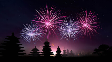 Ancient Temples and Pagodas with Spectacular Fireworks Display at Night