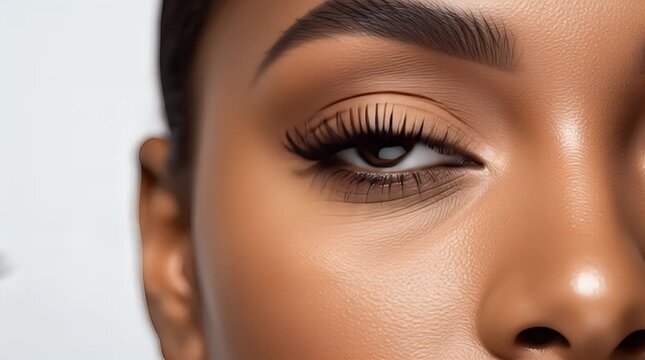 Close-up of a beautiful young woman applying black mascara to her long, voluminous eyelashes, enhancing her stunning brown eye with a precise makeup brush for a captivating look.