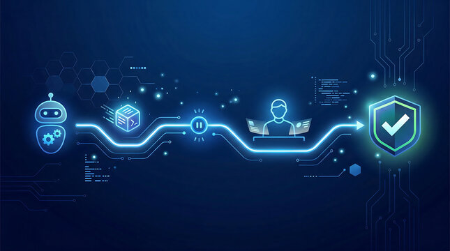Secure Automation Workflow Concept With Robot Code User And Shield Icons Along Neon Data Stream On Dark Blue Cyber Technology Background