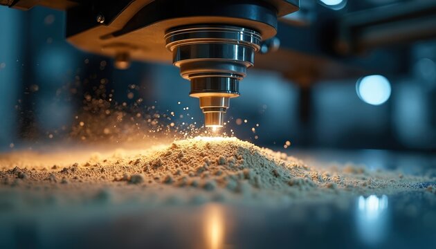Industrial 3D printer nozzle melts fine powder material into complex shapes. Precision manufacturing process creates custom parts with advanced tech. Automated production line creates innovative