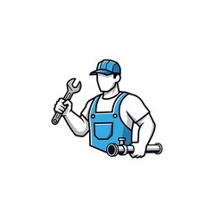 A plumber holding a wrench and pipe isolated on white background