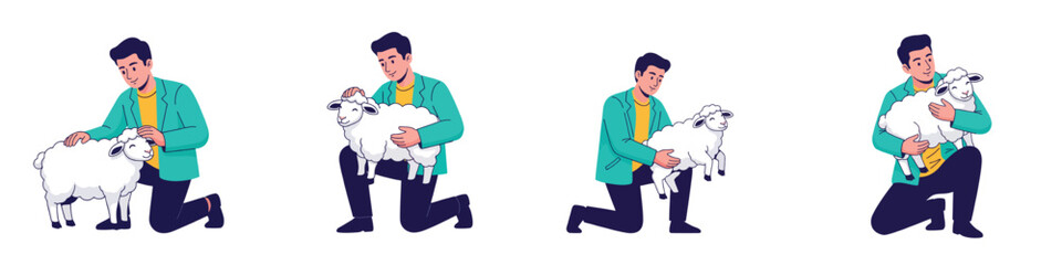 Man interacting with lamb, multiple poses