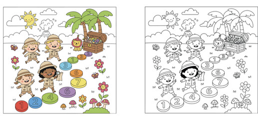 Treasure hunt adventure coloring page for kids featuring safari children, numbered stepping stones, cute animals, and a volcano. Educational counting game vector illustration. © MMONIR