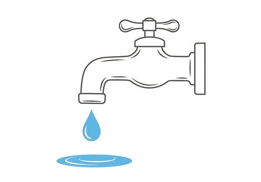 A line drawing of a faucet with a single drop of water falling