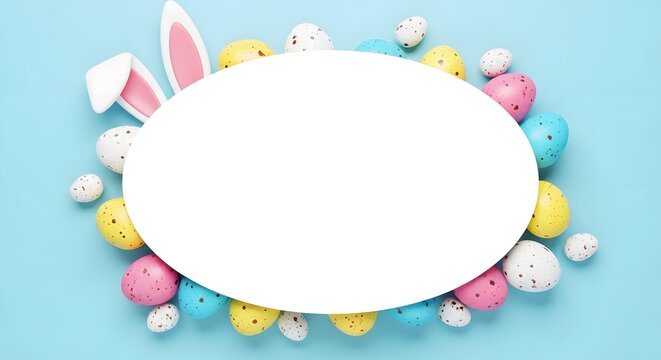 Easter eggs and bunny ears on pastel background with white circle frame for easter greeting or celebration