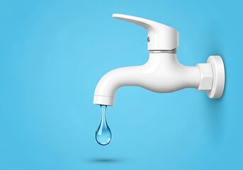 A white faucet with a single drop of water falling from it on a blue background