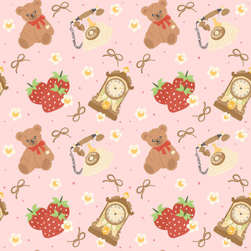 Vintage Cottage Seamless Pattern with Teddy Bear, Strawberries and Antique Clock on Pink Pastel Background