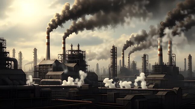 Industrial smokestacks billow thick plumes of dark smoke into the overcast sky above a sprawling complex of manufacturing facilities.