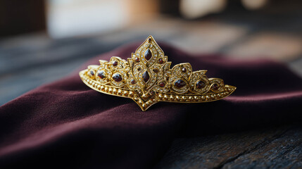 Intricate Golden Artifact with Gemstone Inlays on Dark Fabric Background