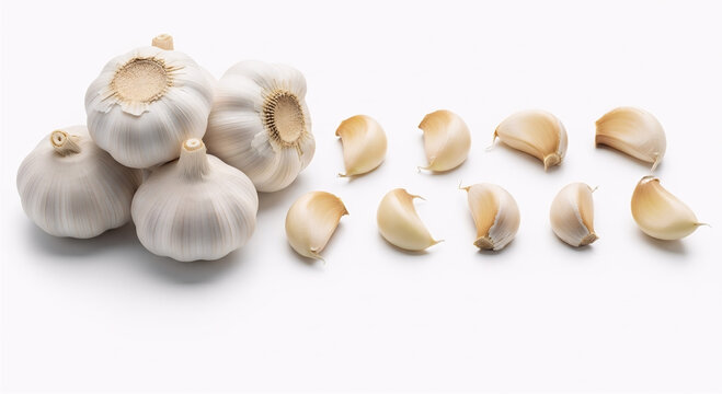 Fresh Garlic Bulbs and Cloves on White Background for Cooking and Healthy Recipes