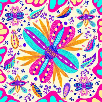 Highly colorful nature pattern illustration featuring vibrant natural elements such as flowers, leaves, and organic shapes. Cheerful and decorative seamless design, perfect for textiles, wallpapers.