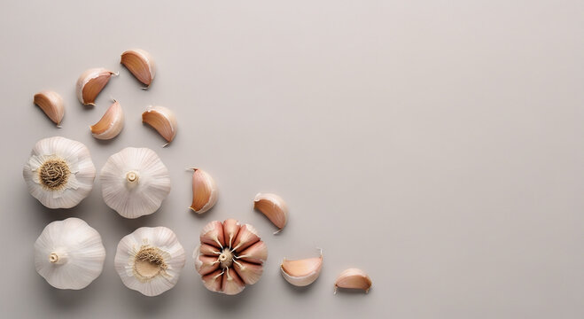High angle view of fresh garlic bulbs and cloves on grey background with copy space.