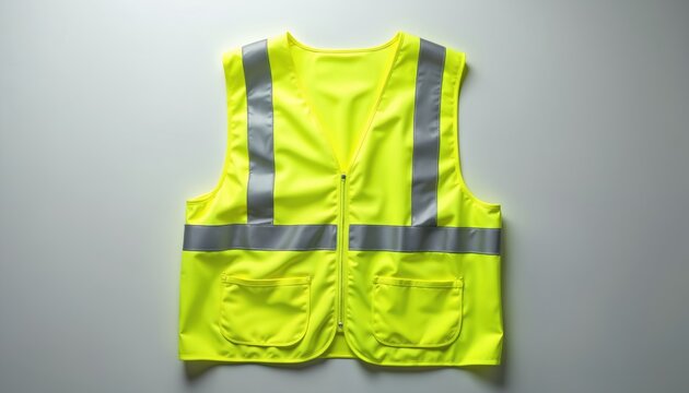 Bright yellow safety vest with reflective strips and pockets. High visibility garment for workwear. Protection from hazards in traffic and construction zones. Essential for job site safety.