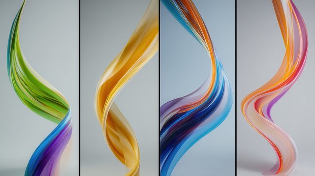 Cuatro vibrantes y fluidas cintas abstractas de colores formando l&iacute;neas curvas y din&aacute;micas sobre fondo claro.