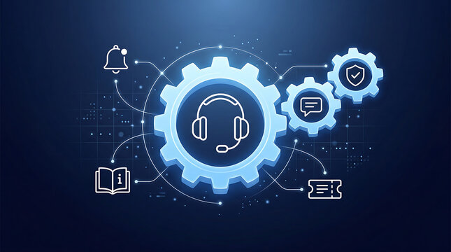 Customer support automation concept with headset icon inside gear connected to chat ticket knowledge and security symbols helpdesk service workflow on blue tech background