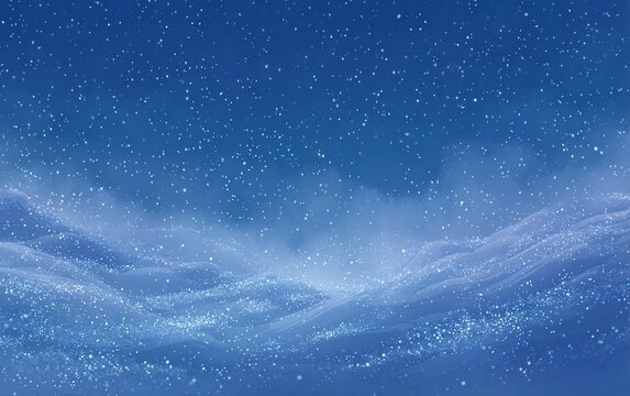 Cielo nocturno azul profundo con nieve cayendo o ventisca ligera sobre un paisaje invernal abstracto.