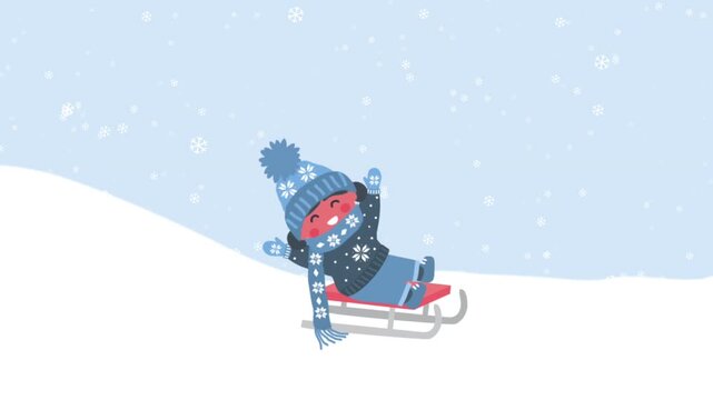 Hello Winter Animation. Happy Little Girl in Winter Clothes Sledding. Child Have Fun Outside under Snowing. Happy Baby Girl. Animated Text Hello Winter. Video in Blue, White