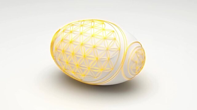 A precise timelapse of an egg decorated with sacred geometry patterns and golden lines forming Metatron's cube, concept of mathematical beauty and spiritual symbolism