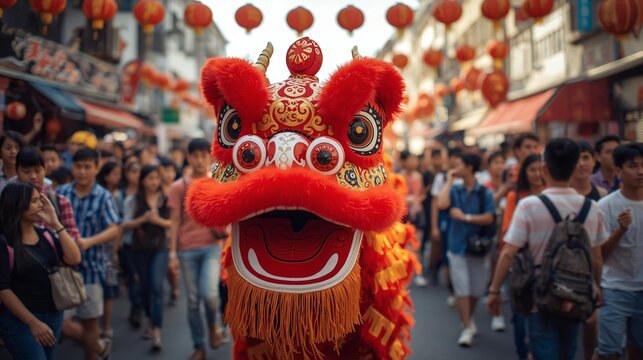 Traditional Chinese Lion Dance Performance During Lunar New Year Street Celebration