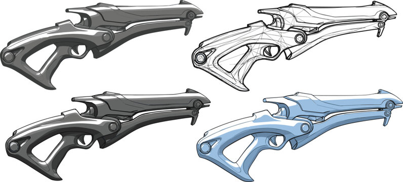 Futuristic sci fi weapon vector illustration set featuring advanced rifle designs, concept art variations, and sleek mechanical forms for gaming and technology themes