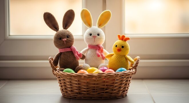 Easter celebration with bunny and chick toys in a basket