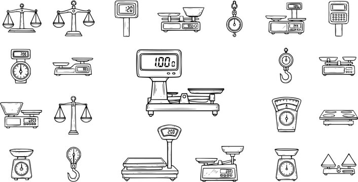 Hand-drawn set of various weighing scales and balances, including digital, analog, mechanical, spring, and platform types, for measurement concepts