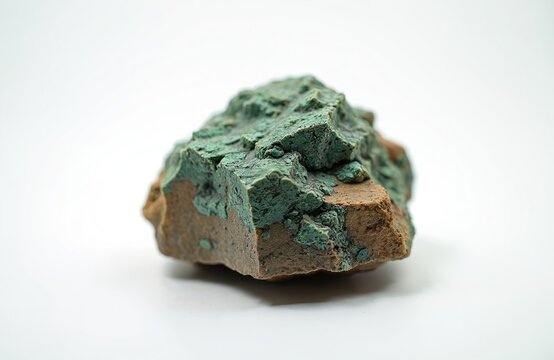 Close up of raw schist rock with green nepheline mineral deposits and brown biotite speckles. Natural geological specimen on white isolated background. Detailed texture.