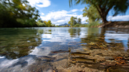 Obraz premium Tranquil River Scene Featuring Fish Beneath Glassy Surface of Water