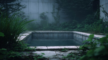 Overgrown Poolside Surrounded by Lush Plants and Foggy Atmosphere