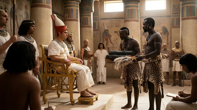 A diplomatic meeting between an Egyptian Pharaoh and foreign envoys from Nubia