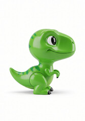 Fototapeta premium A cartoon dinosaur stands on its hind legs, showcasing a friendly green creature with a large eye and vibrant color, viewed from the side.