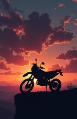 Fototapeta premium Dirt bike silhouette on cliff edge. Sunset sky with orange clouds and mountains. Motorcycle ready for off road adventure or race. Scenic landscape background.