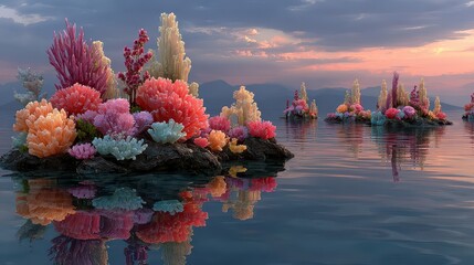 A serene surreal landscape featuring vibrant, colorful coral-like crystal structures rising from calm water against a soft pink and purple sunset sky