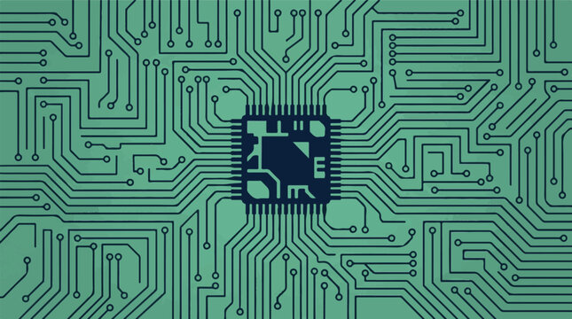 Electronic circuit board with central microchip, digital technology background