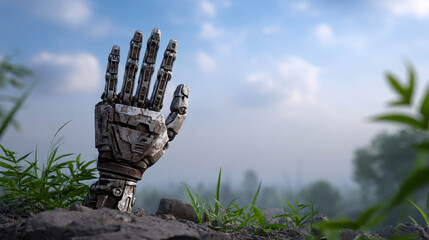Android Hand Reaching from Rubble in a Post-Apocalyptic Landscape
