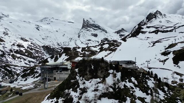 Aerial video panorama of mountain landscape with white snow in hinter tux in Austria
