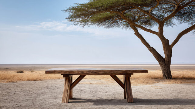 Rustic Dining Table Under Acacia Tree in Vast Savannah Landscape
