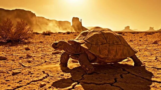 Ancient Tortoise Traversing Sun-Baked Desert Landscape