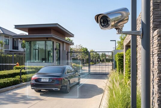Security camera monitoring car entering gated residential community