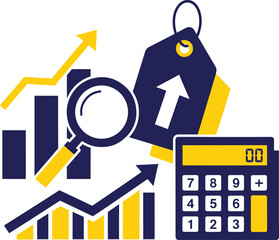 Obraz premium Business analytics calculator with price tag and magnifying glass