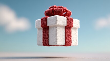 A surreal gift box wrapped in white fur with a red furry ribbon, floating in the air against a soft blue sky with clouds.