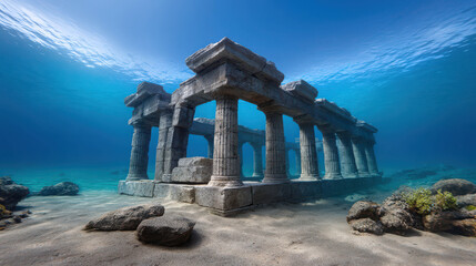 Fototapeta premium Ancient Marble Palace Ruins Underwater Surrounded by Coral and Seaweed