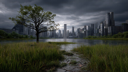 Fototapeta premium Futuristic Cityscape with Dramatic Sky and Serene Water Reflection