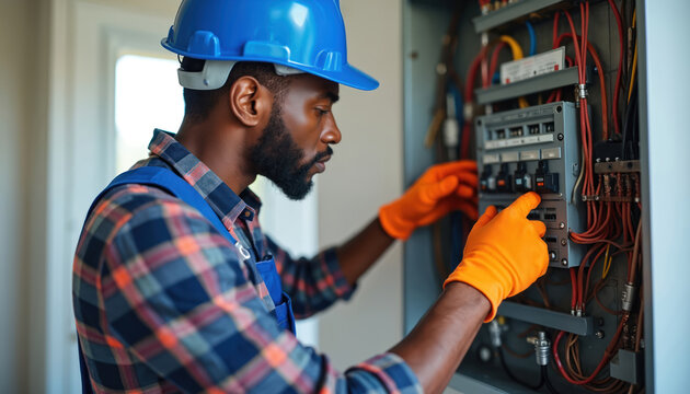 Man in blue hard hat and orange gloves works on electrical panel with wires and breakers. Technician performs residential wiring repair, checking circuits with tools.