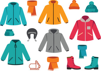 Winter Clothing Collection Vector Illustration with Jackets, Hats, Scarves, Boots and Warm Apparel for Cold Season Fashion Design © Sumon Creative