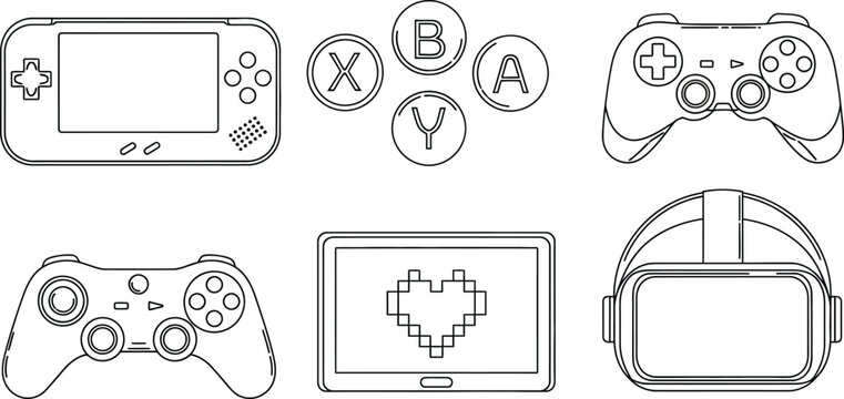 Gaming devices including controllers game console and virtual reality headset in simple line art illustration style