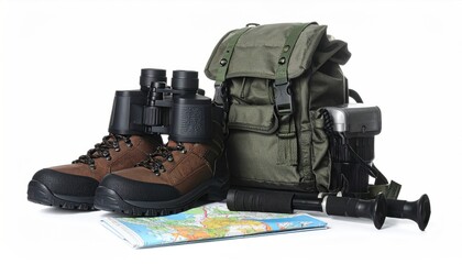 Hiking Gear Essentials - Boots, Backpack, Binoculars, and Map for Adventure.