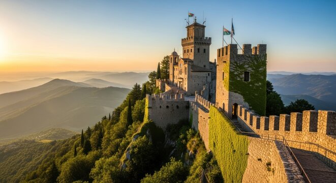 Medieval Castle on Hilltop at Sunset.